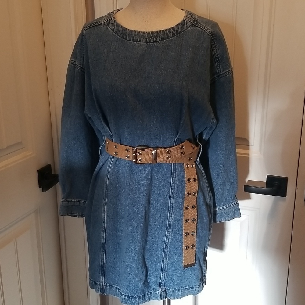 ZARA Denim Mini Dress Womens Size Small with belt great for fall long sleeves